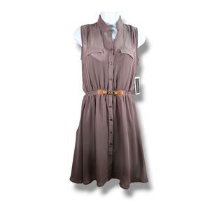 R N B Dress Small Brown Sheer Chiffon Collared Button Down Fit and Flare Mini
